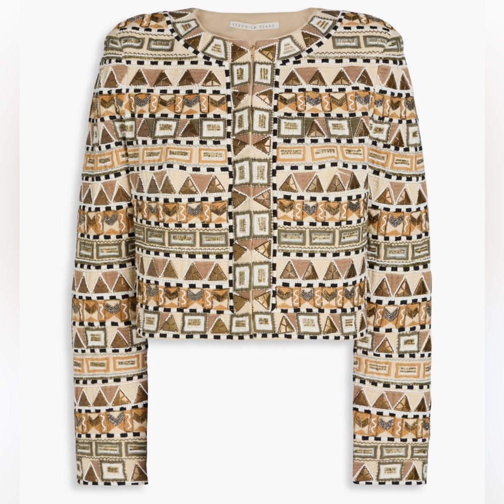 Veronica Beard Daryl Embellished Tan Brown Geometric Cotton Jacket